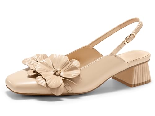 Coutgo Womens Slingback Chunky Heels Flower Closed Square Toe Pumps Work Dress Shoes