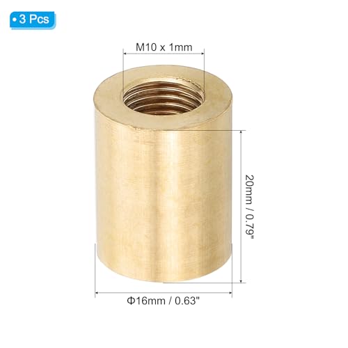 Image of PATIKIL Lamp Pipe Brass Coupling Nut, 3 Pcs 20mm Long M10 Fine Round Thread Sleeve Lamp Pipe Adaptor Rod Connector Hardware for Light Fixture Assembly or Repair, 16mm OD.