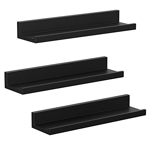 SONGMICS Estante para Cuadros, Estante de Pared de Madera, Juego de 3, Superficie de Alto Brillo, para Marcos de Fotos y Libros, Sala de Estar, Negro LWS038B01