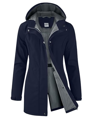 iCreek Women's Waterproof Softshell Rain Jacket Fleece Lined Hooded Long Rain Coat Lightweight Warm Windbreaker (Navy Blue, M)