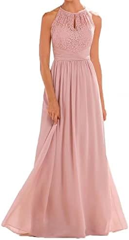 Women's Lace Bridesmaid Dresses Long Halter Chiffon A line Formal Wedding Party Prom Dress Blush