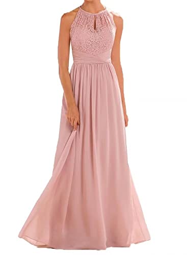 Women's Lace Bridesmaid Dresses Long Halter Chiffon A Line Formal Wedding Party Prom Dress Blush #TOP1