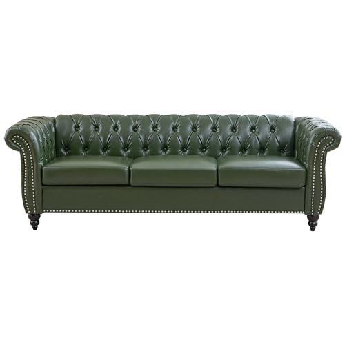 Image of LEVNARY Chesterfield Sofa, 3 Seater Tufted Couch for Living Room, Classic Button Tufted Upholstered Sofa, Modern Mid-Century PU Leather Sofa (Green)