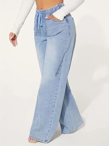 Women's Drawstring Jeans Elastic High Waisted Wide Leg Denim Pants Casual Baggy Jeans with Pockets2