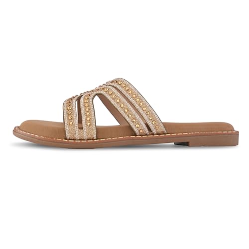 Image of Centrino Women's Beaded Flat Sandals| Open Toe Stylish Slip-On Sandals for Ladies | Metallic Crisscross Straps with Soft Cushioned Footbed for Comfort | Lightweight Casual Fashion Footwear (9305)