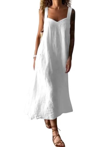 Image of chouyatou Women's Summer Spaghetti Strap Sleeveless Linen Overall Dress Casual A-Line Midi Long Beach Dress