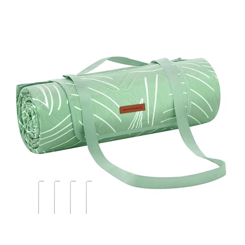 SONGMICS Coperta Picnic, 200 x 200 cm, 4 Picchetti Antivento, Grande Telo da Campeggio Parco Spiaggia, Impermeabile, Lavabile in Lavatrice, Pieghevole, Motivo a Foglie e Verde Menta GCM010C02