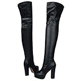 BEAUPAS Women's Chunky Heel Platform High Heel Thigh High Boots Block Heel Over The Knee Boots Round Toe Gothic Shoes(Black,15)