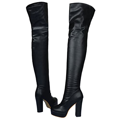 BEAUPAS Women's Chunky Heel Platform High Heel Thigh High Boots Block Heel Over The Knee Boots Round Toe Gothic Shoes