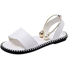 oiangi Pearl Flat Sandals for Women Dressy Summer Casual Cute Double Strap Open Toe Slip-on Slipper 2022 Trendy Comfortable Ladies Shoes Sandalias