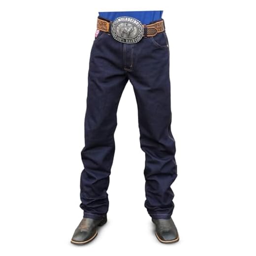 Calca Jeans Country Masculina Peao Barra Larga Cavalgada Rodeio Agro Os Boiadeiros (BR, Numérico, 36, Regular, Regular, Azul Escuro)