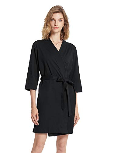SIORO Black Robe Women Cotton Lightweight Kimono Robes Knit Summer Bathrobe Soft Nightwear 3/4 Sleeves Hospital Maternity Loungewear Sexy Sleepwear Short for Ladies, Black, Small