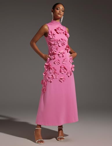 Pink 3D Flower Garden Party Dress Sleeveless Elegant Dress Maxi Bodycon Dress High Neck Pleated Dress for Women2