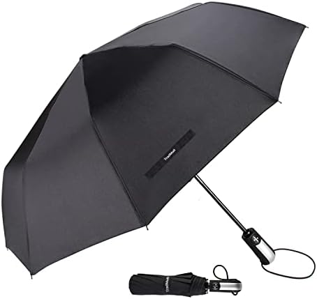 TradMall Travel Umbrella Windproof with 46 Inches Large Canopy 10 Reinforced Fiberglass Ribs Ergonomic Handle Auto Open & Close, Black