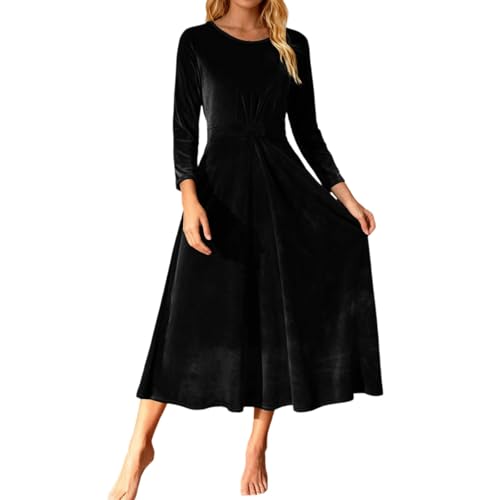Roobeety Abito da donna elegante in velluto linea ad A, abito midi festivo con maniche a 3/4 | Abito oscillante in velluto per occasioni speciali, 5XL