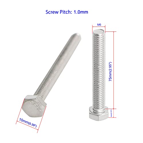 Image of 5 Pcs, SUS304 M6 x 75mm Hex Head Bolts Screws, Strength Grade A2-70 (Grade 5.8), Fully Threaded Plain Finish