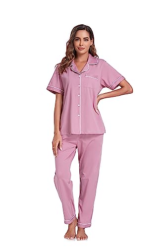 Image of COLORFULLEAF Women's 100% Cotton Pajamas Set Button Down Sleepwear Short Sleeve Shirt and Long Pants Soft Ladies Lounge Sets