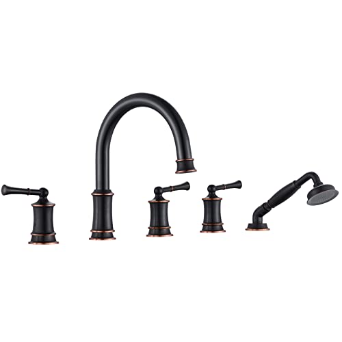 HANGORO Grifo de bañera, 5 grifos antiguos de montaje en cubierta, 2 manijas de palanca, ducha de mano de 70 pulgadas, válvula de latón áspero, boquilla giratoria de 360°, alto flujo de agua para