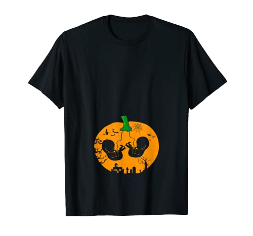 Divertido disfraz de Halloween embarazada gemela calabaza embarazo Camiseta