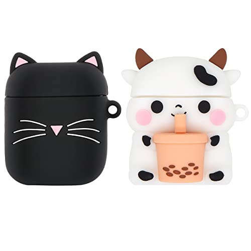 Megantree 2 Pack Cute Boba Tea Cow Airpods Case, Whisker Cat Airpods 2 Case, Funny 3D Cartoon Animal Cat Kitty Shockproof Soft Silicone Case With Carabiner For Airpods 1St Generation, 2Nd Generation #TOP2