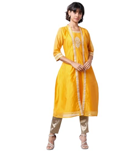 Vishudh Women Mandarin Collar Regular Stright Kurta VNKU010761 Yellow M