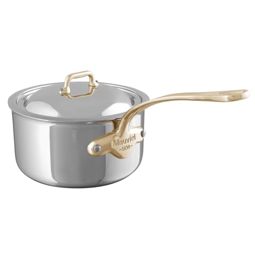 Mauviel M'Cook B 5-Ply Polished Stainless Steel Sauce Pan With Lid, And Brass Handle, 1.8-qt, Made In France