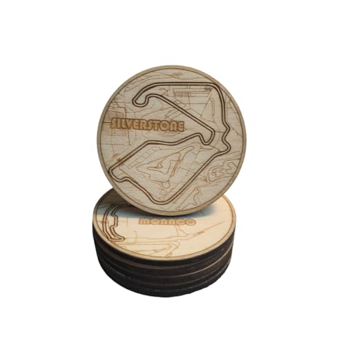 Ensemble de sous-verres en bois F1 Circuits – Circuits célèbres de Formule 1 sur dessous de verre en bois, cadeau unique pour les fans de course et les amateurs de sport automobile