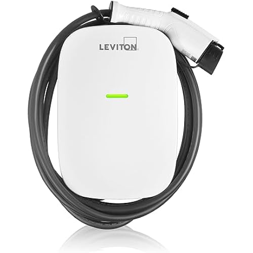 Leviton Level 2 EV Charger, 48 Amp, 208/240 VAC, 11.6 kW Output, 18' Charging Cable, Indoor/Outdoor Hardwired EV Charging Station, EV480 EVSE, White-Black