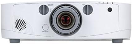 Front view of the NEC PA600X LCD Projector, showing the lens, focus and zoom controls, and power button.