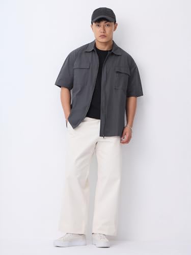 Image of The Souled Store Zipper Shirt: Men and Boys Short Sleeve Spread Collar Zipper Front Solid Textured Regular Fit Casual Easy to Style Everyday Office Wear Cotton Shirt