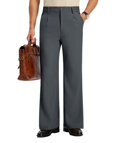 Susclude Mens Flared Baggy Dress Pants Pleated Wide Leg Bootcut Trousers Casual Relaxed Fit Slacks Vintage Wedding Trousers Grey