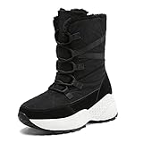 Damen-Schneestiefel, Winterstiefel Hohe Spitze Verdickte Mit Fell Gefütterte Stiefeletten, Rutschfeste Warme Wanderstiefel Baumwollschuhe Für Outdoor Skifahren, Kurzer Stiefel,Schwarz,38EU