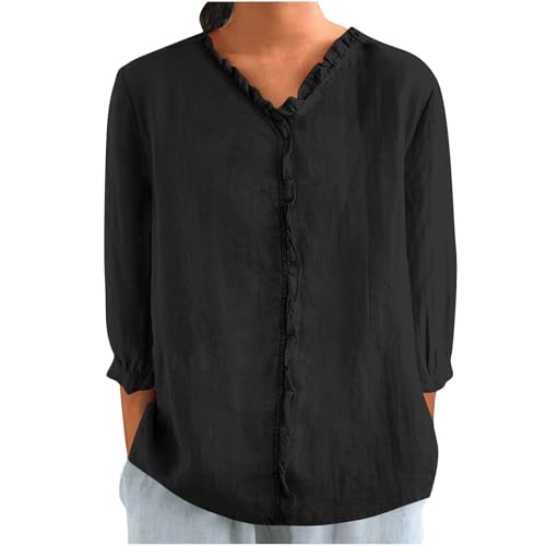 linen shirts for women ruffle splicing tops 34 length sleeve summer tops vacation tops outfits boho beach tee shirts