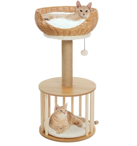 Made4Pets 30in PE Rattan Cat Tree Tower with Scratching Post, Birdcage-Style Wooden Condo with Reversible Cushion & Thickened Base, Handwoven Wicker Basket Bed and Plush Cushion Top Perch