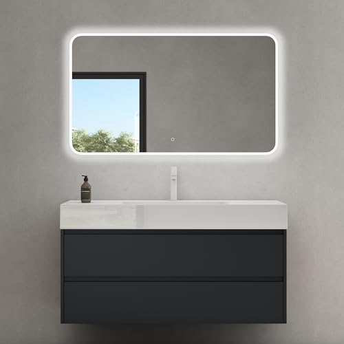 doporro Meuble de Salle de Bain Gris Noir Mat Ensemble de 3 Pièces Meuble avec Lavabo 120cm et LED Miroir Design Deep avec 2 Tiroirs