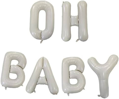 40 Inch Ivory OH BABY Letter Balloon Banner - 6 Pcs Giant Foil Mylar Balloons Connected Banner Ivory Beige & Cream White with Ribbon,Baby Shower Backdrop Decor for Gender Reveal Party