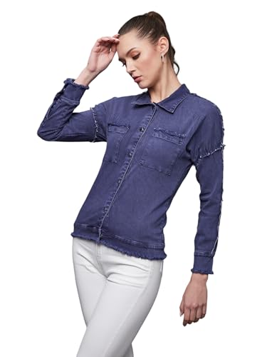 Image of Miss Chase Women's Polo Neck Full Sleeves Patch Pocket Denim Overcoat Knee-Length Jacket