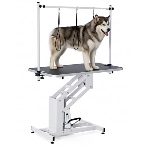 43.6" Pet Grooming Table for Large Dogs, Heavy Duty Height Adjustable Dog Grooming Table With Overhead Arm & Noose Height Range 22''-39'', Maximum Capacity Up to 350 Lbs, White