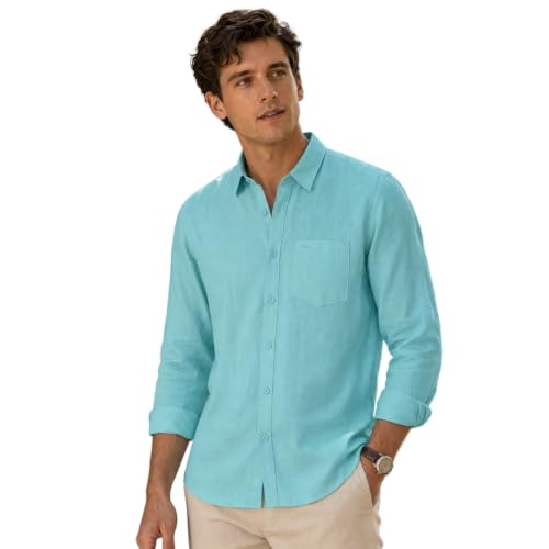 Image of Nobero Breezy Premium Linen Cotton Shirt for Men | Stylish Casual Shirts for Men | Semi Cut Collar | Box Pleat | Curved Hem | Regular Fit | Full Sleeve | S-XXXL