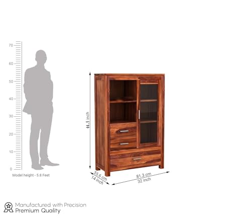 Image of Wood Book Shelf for Home Library | Wooden Book Shelf Cabinet with Acrylic Glass Door Drawer Storage | Kitchen Cabinet Crockery Unit | Books Rack for Shelves | Bookcases, Honey Finish