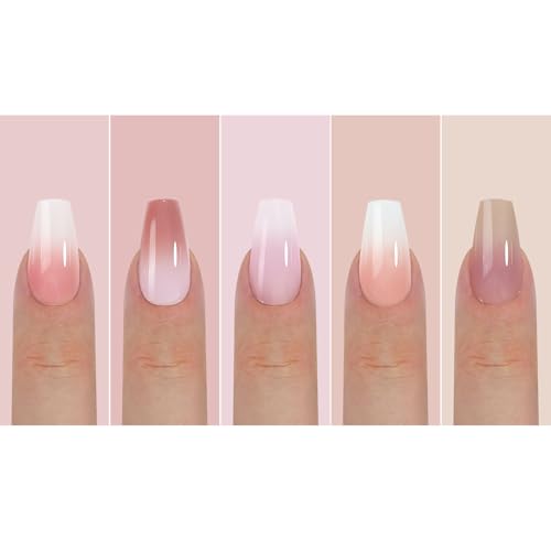 150Pcs Nude White Ombre Press on Nails Long Coffin Fake Nails In15 Sizes 3 IN 1 Soft Gel Nail Tips Pink White Gradient Glossy Reusable Acrylic Nails No Need to File False Nails for Women Manicure