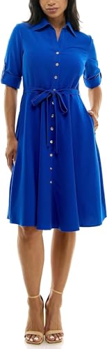 Image of Sharagano Women's Pleated Shirt Dress - 3 /4 Sleeve, V-Neck, Gold Buttons