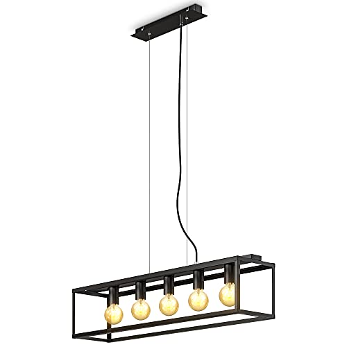 B.K.Licht suspension cage avec 5 douilles E27, réglable en hauteur, lustre design industriel salle à manger en métal noir mat, éclairage salon cuisine rétro