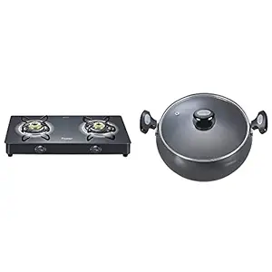 Prestige Manual Ignition Royale Plus Schott Glass 2 Burner Gas Stove, Black with Hard Anodised Cookware Lifetime Induction Base Sauce Pan, 200mm, Black