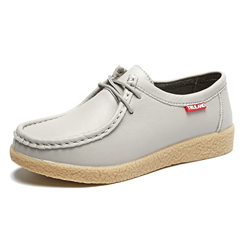 Image of TRULAND Women's Casual Moccasin Shoes - Suede Leather Lace Up Flat Wallabees Oxford Shoes, Light Grey Leather, 5.5 UK