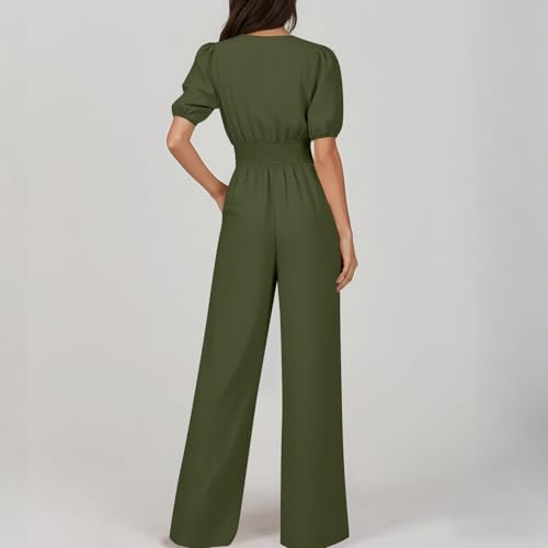 Image of HGps8w Jumpsuits for Women Dressy 2026 Summer Button Front V Neck Puff Sleeve Elegant Wide Leg Pants One Piece Romper