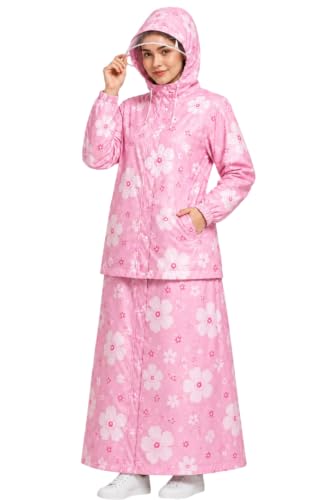 Image of Krystle Women's Waterproof Raincoat with Hood & Transparent Visor, Full Length Rainwear Coat and Skirt Set, Floral Print (Pink,Multisize)