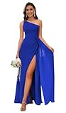 Bolodoo Royal Blue Bridesmaid Dress Long One Shoulder Prom Dress with Slit Ruched Chiffon Wedding Guest Dresses for Women Size 8