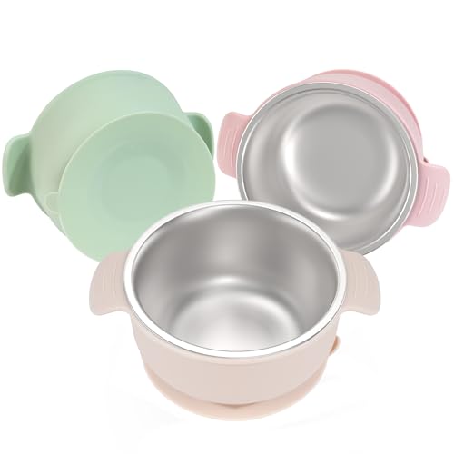 Image of Bella’s Friends Stainless Steel and Silicone Baby Bowls with Suction 3 Pack, 4.3” for Toddlers Kids Feeding, Non-Slip, Non-Toxic, Mess-Free, Dishwasher Safe, Fit High Chair Size,beige green light pink