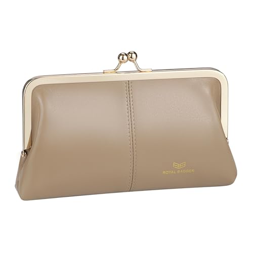 Image of Royal Bagger RFID Kiss Lock Wallet, Solid Color Multi-card Slots Card Holder, Genuine Cow Leather Clutch Purses for Women 1468 (Apricot (2468))